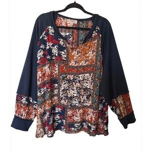 GiGio Plus 1XL Floral Patchwork Mixed Media Raglan Top Navy Blue Boho Relaxed